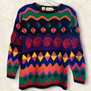 💐Rafaella Colorful Geometric Vintage Crewneck Sweater with 3D Accents, Sz.SP
